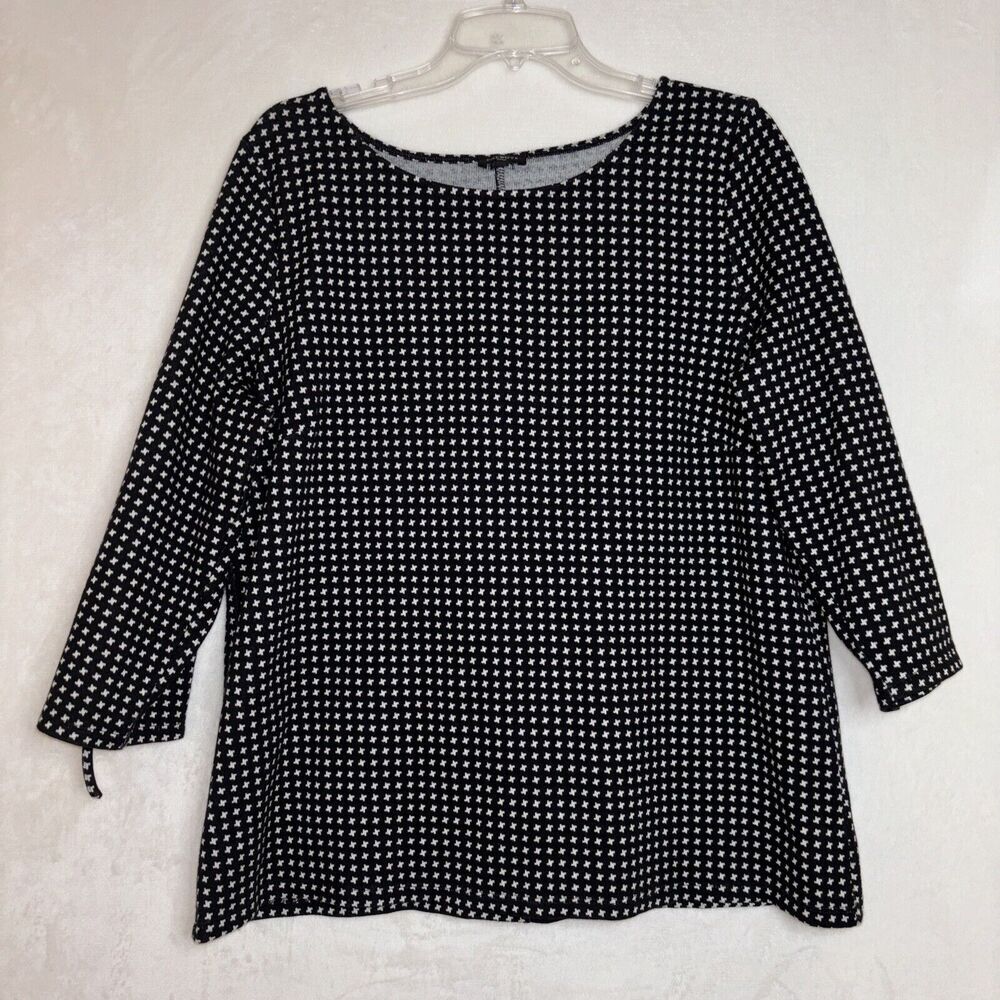 Talbots Woman Blouse Knit Top Size 1X Black White Geometric Print 3/4 Sleeve